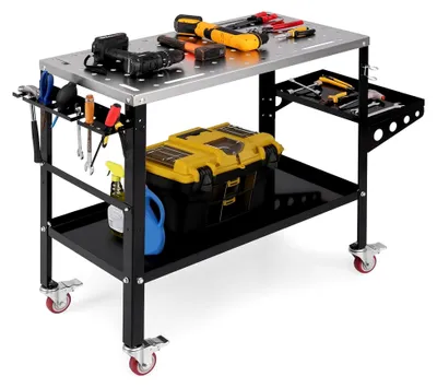 Produktbild von Mobiler Schweißtisch 92x46cm, Werkbank mit 2 Ablagen & Seitentablett, Schweißwagen mit 2 Haltern für Schweißdüsen, 8 Werkzeugschlitzen & Rädern, Schweißwerkbank mit 540 kg Tragfähigkeit