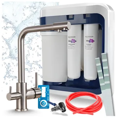 Image de Robinet de cuisine Ari 3 voies, modèle Venom 1, en acier inoxydable, pour évier, livré avec le système de filtration d'eau Aquaphor Ro-202S Pro, installation sous l'évier