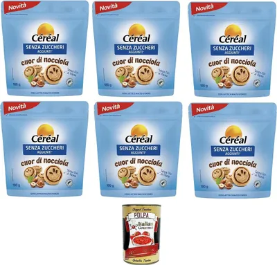 Produktbild von CÉRÉAL SENZA ZUCCHERI Cuor di Nocciola Kekse ohne Zuckerzusatz, mit Haselnuss- und Kakaocreme, Frischesparpackung,6x 180g+ Italian Gourmet polpa 400g