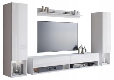 Obrázek produktu pro Nástěnná skříňka, televizní sestava, šířka 180 cm, bílá matná/lesklá s LED osvětlením