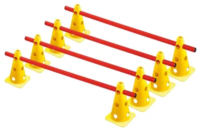 Produktbild von Trainingshürden Hürdenset Slalomstangen - 8 gelbe Kegel 22,5 cm - 4 rote Stangen 1 m - Für Fußball und Leichtathletik