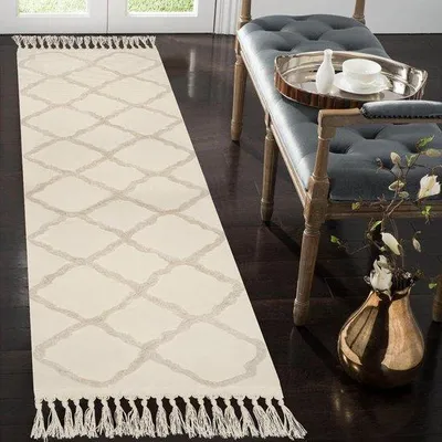 Zdjęcie produktu dla Unyqoos® Dywanik 60 x 240 cm – styl boho, kolor beżowy, dywan z bawełny o strukturze tkani, ozdobiony frędzlami, możliwość prania, idealny do przedpokoju, kuchni, łazienki, salonu i sypialni
