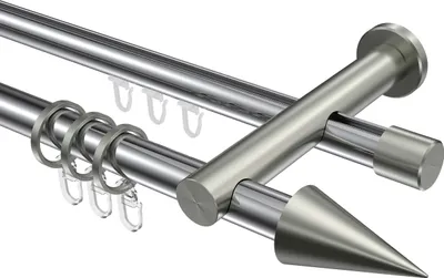 Produktbild von Interdeco Rundrohr-Innenlaufstange / Gardinenstange (Kombination) Chrom / Edelstahl-Optik, Typ Platon Savio (Kegel), 20 mm Ø 2-läufig, 320 cm