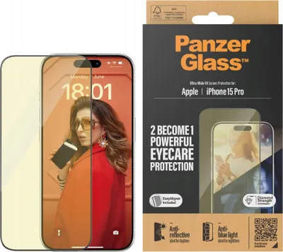 Productafbeelding van PanzerGlass iPhone 15 Pro schermbeschermer met UV-bescherming en oogcomfort