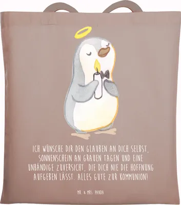 Produktbild von Mr. & Mrs. Panda Shopping Tasche Pinguin Kommunion - Braun Pastell - Geschenk, Beutel, Tote Bag, festivaltasche, Glauben, Jutebeutel, Dankeschön, Laptoptasche