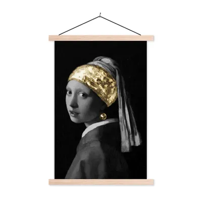 Produktbild von MuchoWow® Textilposter Mädchen mit einem Perlenohrring - Johannes Vermeer - Gold 60x90 cm mit holzfarbenen Rahmen - Textil