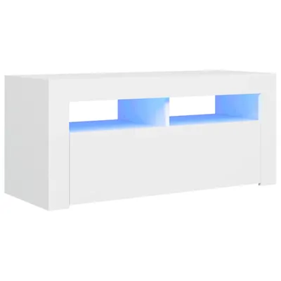 A white TV stand with blue LED lighting.