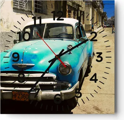 Produktbild von Wanduhr - Quadrat - Glasuhr - Auto Klassiker Kuba Havanna - 30x30cm - Schleichendes Uhrwerk - Lautlos - zum Aufhängen bereit - Dekoration Modern - Wanddekoration aus Glas - C4AC30x30-1401