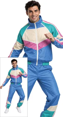 Productafbeelding van Sport Retro 80s Carnaval outfits, kostuum, klassieker, joggingpak, vintage stijl, blauw, mode, feestkleding, maat: 52 - 54 (L), kleur: blauw