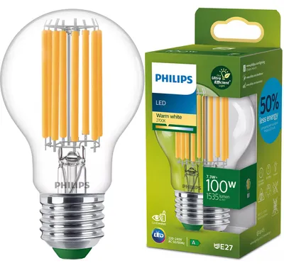 Zdjęcie produktu dla Philips Żarówka żarnikowa przezroczysta 100 W A60 E27, 7,3 W, 100 W, E27, 1535 lm, 50000 h, Ciepłe białe