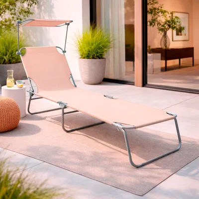 Image de chaise longue de jardin à 3 pieds, beige 186x55x24cm avec toit pare-soleil