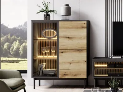 Produktbild von GrainGold Vitrinenschrank Loara - Vitrine mit Türen  - Vitrine mit LED-Beleuchtung, Niedrige  Schrank, Kommode mit Glas - Vitrine Holz - Eichefarbe, Schwarz