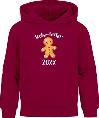 Produktbild von Kinder Hoodie Mädchen Weihnachtspullover Lebkuchenmann Schriftzug Kekstester Jahreszahl personalisierbar Weihnachtsoutfit Moonworks®