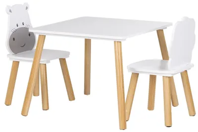 Productafbeelding van Chipolino kindertafelset met dierenprint, bestaande uit een tafel en 2 stoelen, van hout, geschikt als zitgroep, vanaf 2 jaar, wit en grijs