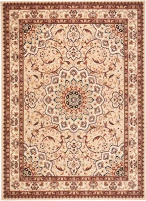 A top-down view of a rectangular rug with a traditional Persian design.