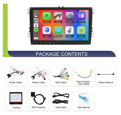 Productafbeelding van Android 15 Autoradio – 9 Inch Touchscreen – 8-Core Processor – 4GB RAM en 64GB Opslag – Met CarPlay en WiFi