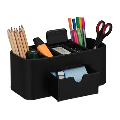 Immagine prodotto di Portapenne Relaxdays, organizer da scrivania effetto pelle, 7 scomparti, elegante, HxLxP 10,5x26x11,5 cm, nero