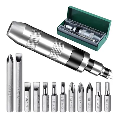 A set of screwdrivers and bits laid out on a white background, with a green storage case in the background.