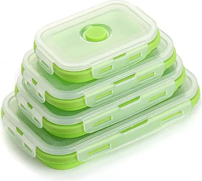 Produktbild von balenie 4 skladacích silikónových nádob, úložný box s viečkom, bez BPA, vzduchotesné - POPLATE Green