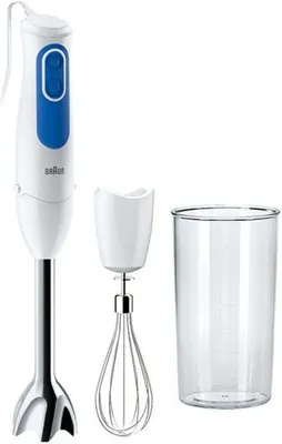 A white and blue Braun hand blender with its accessories, including a whisk attachment and a clear plastic beaker, are displayed against a white background.