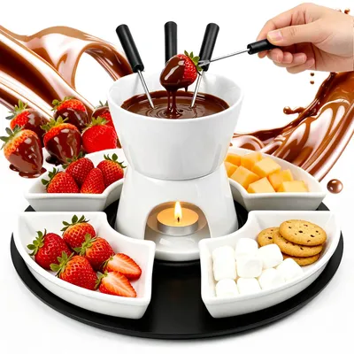 Fondue-Set, Keramik, weiß, 4 Teller + 4 Gabeln