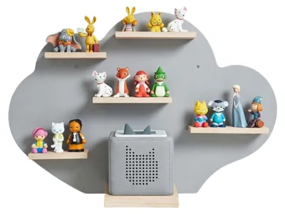 Image de Étagère Relaxdays Toniebox, magnétique, pour la boîte à musique et 20 Tonies, motif « nuage », H x l x P : 40 x 61 x 17 cm, étagère pour figurines Tonies, gris