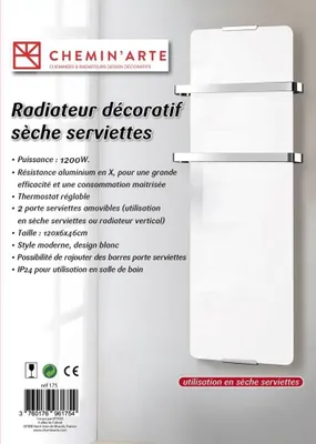 Image de Radiateur seche serviette décoratif design Blanc 1200W