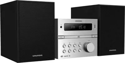 A stereo system with two speakers and a central unit is shown against a white background.