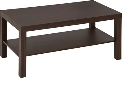 A dark brown, two-tiered coffee table with a wood grain texture, shown from a slight diagonal angle against a white background.