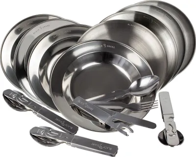 Produktbild von Edelstahl Teller Set 4 Personen 4 flache & 4 tiefe Teller mit Campingbesteck