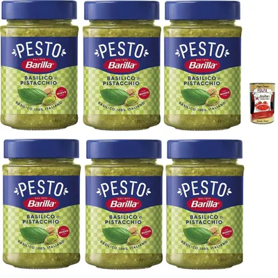 Produktbild von Barilla Pesto Basilikum & Pistazie – 6 Gläser – cremig-nussige Pastasauce aus 100% italienischem Basilikum, ideal für Pasta, Bruschetta & Dressings – ohne Zusätze – + Italian Gourmet polpa