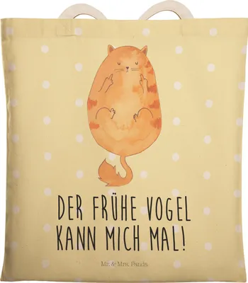 Produktbild von Mr. & Mrs. Panda Tote Bag Katze Frühaufsteher - Gelb Pastell - Geschenk, Verschlafen, shopping, Einkaufstasche, Katzen, Tasche, Stofftragetasche, Mittelfinger, Tiger