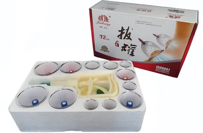 Produktbild von HQ Massage Schröpfen Set mit 12 Schröpfgläser aus Kunststoff mit Magneten + große Vakuumpumpe B12