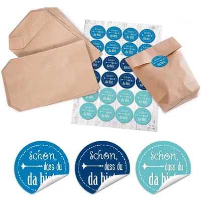 Produktbild von 24 kleine braune natur Papiertüten mit Boden Papier-Beutel 14 x 22 x 5,6 cm + 24 runde Aufkleber 4 cm SCHÖN DASS DU DA BIST in rosa pink weiß Verpackung Hochzeit give-away Gastgeschenk natürlichBlau, Türkis