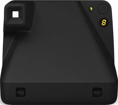 A close-up, top-down view of a black Polaroid Now+ Gen. 2 camera.