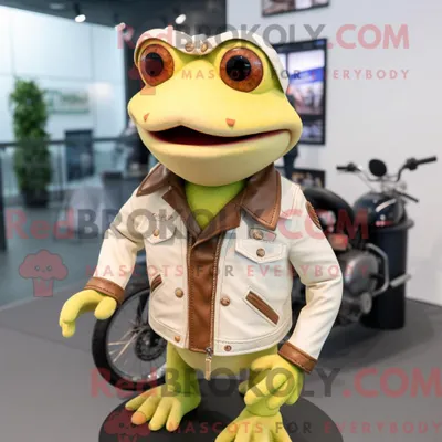 Produktbild von Maskottchenfigur REDBROKOLY eines cremefarbenen Frosches mit Motorradjacke und Baskenmütze