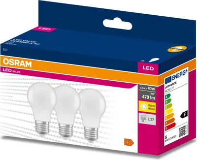 Zdjęcie produktu dla 3PAK Żarówka LED E27 A60 4,9W = 40W 470lm 3000K Ciepła 200° OSRAM VALUE
