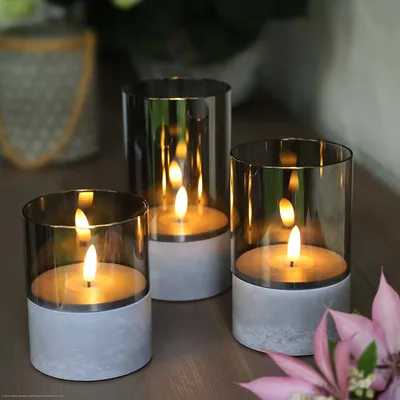 Produktbild von LED-Kerzen in Zement-Optik "Smokey grey" Glas, warm-weiße LEDs, ø 8 * 10 / 12,5 / 15 cm, 3er-Set 151992