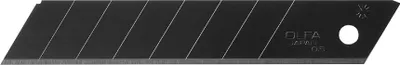 A close-up, straight-on view of a single Olfa 18mm utility knife blade.