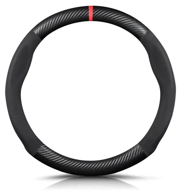 Image de Housse de volant en fibre de carbone et en microfibre, revêtue de cuir PU, antidérapante et respirante, absorbant la transpiration, pour sport, diamètre 38 cm (15 pouces) - Noir, Rouge