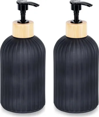 Produktbild von Vilde | Seifenspender - Schwarz - 400 ml - 2 Stück - Badezimmer Zubehör - Aus Glas - Bambus