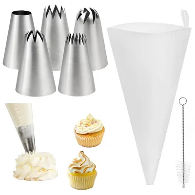 Produktbild von Spritzbeutel-Set mit 5 Edelstahl-Tüllen wiederverwendbar für Kuchen- und Keksdekoration