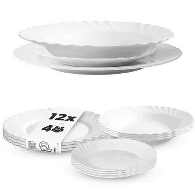 Produktbild von KADAX Geschirrservice 12-teilig, Geschirrset für 4 Personen, Tafelservice mit Suppenteller, Dessertteller & Speiseteller, Tellerset aus Opalglas, Geschirr Set (Weiß)