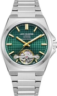 A close-up studio shot of a men's wristwatch with a green textured dial and a silver metal band.