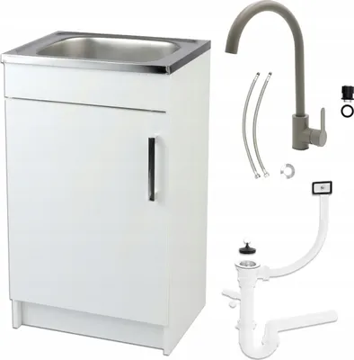A white kitchen cabinet with a stainless steel sink and a gray faucet, along with plumbing parts, are displayed against a white background.