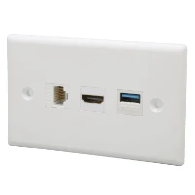 Image de Plaque murale HDMI à 3 ports, CAT6, USB3.0, plaque de connexion sans soudure, plaque multimédia pour montage mural