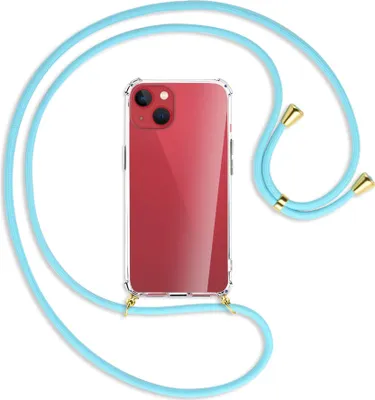 Produktbild von Handykette Backcover-Schutzhülle mit Band (Metall goldfarben) für Apple iPhone 13 mini - himmelblau