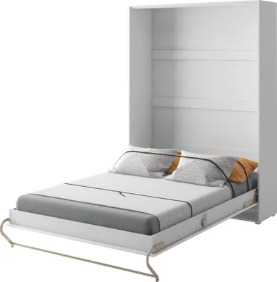 A white wall-mounted folding bed is open and extended, with a mattress and pillows on it.