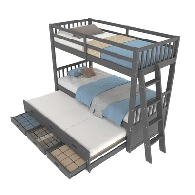Produktbild von Etagenbett,Kinderbett(Grau)Hausbett für Mädchen und Jungen,Bettgestell aus Kiefernholz und MDF mit Leiter undausziehbarem Bett und 3 Schubladen