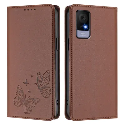 Image de Étui en cuir pour TCL 405/406/406s/408/T506D, motif papillon, étui à rabat avec porte-appareil, marron
